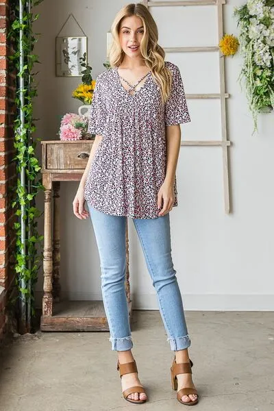Hazel Blues® | Heimish Short Sleeve Crisscross Animal Babydoll Top