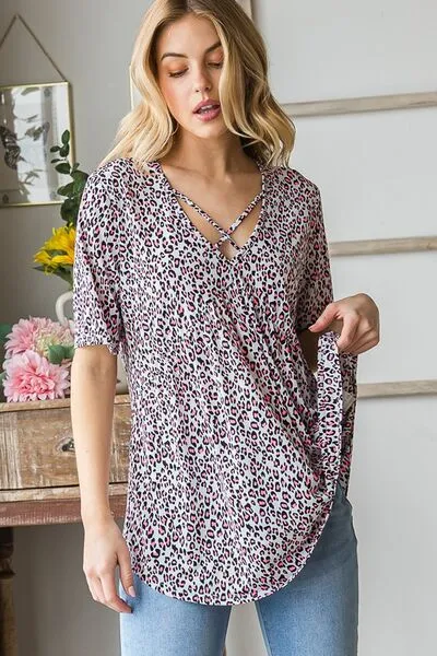 Hazel Blues® | Heimish Short Sleeve Crisscross Animal Babydoll Top