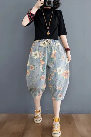 High Waist Calf Length Floral Pattern Denim Shorts