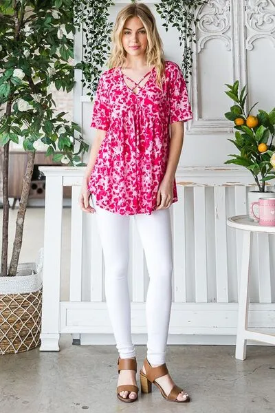 Hot Pink Short Sleeve Crisscross Babydoll Top