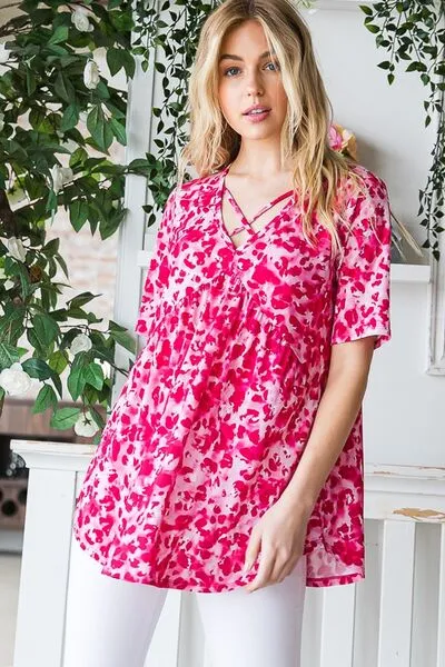 Hot Pink Short Sleeve Crisscross Babydoll Top