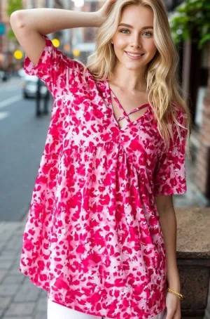 Hot Pink Short Sleeve Crisscross Babydoll Top