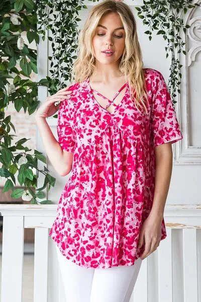 Hot Pink Short Sleeve Crisscross Babydoll Top