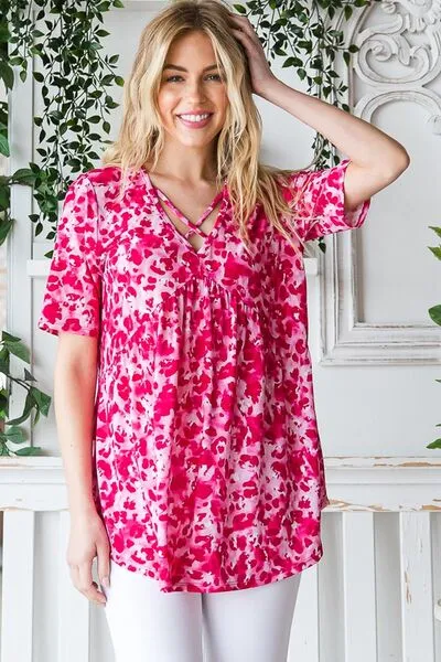 Hot Pink Short Sleeve Crisscross Babydoll Top