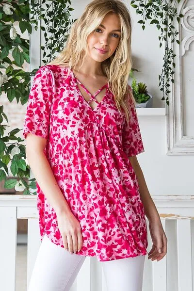 Hot Pink Short Sleeve Crisscross Babydoll Top