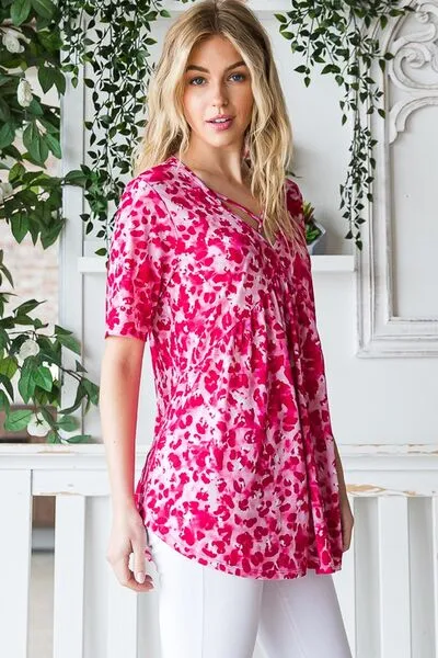 Hot Pink Short Sleeve Crisscross Babydoll Top