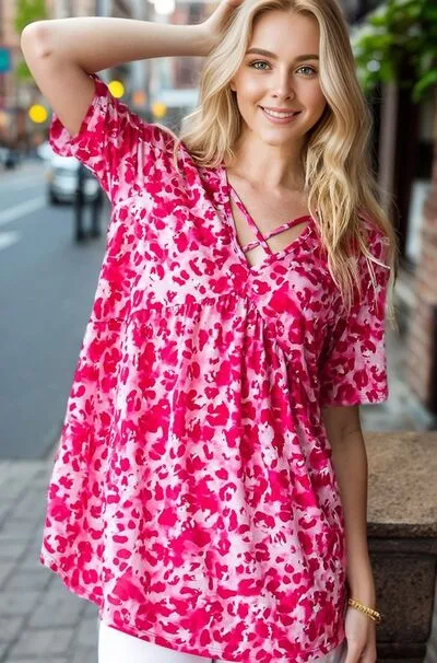 Hot Pink Short Sleeve Crisscross Babydoll Top