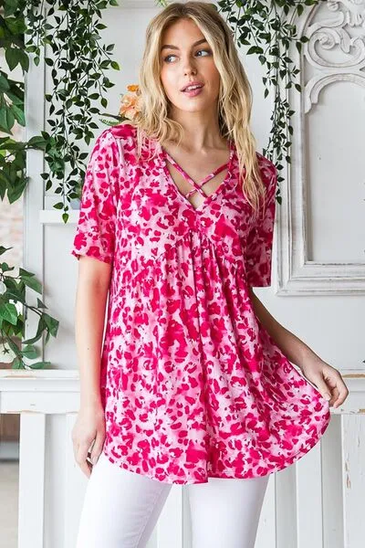 Hot Pink Short Sleeve Crisscross Babydoll Top