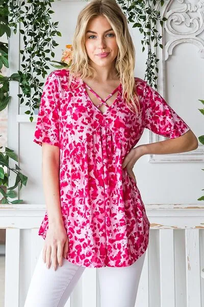 Hot Pink Short Sleeve Crisscross Babydoll Top
