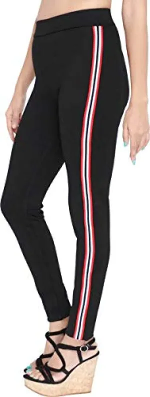 INFISPACE® Girl's Double Line High Waisted Stretchable Slim Fit Jegging for Yoga, Gym, Aerobics & Sports Wear (Red White Striped; Waist Size- 25" to 32")