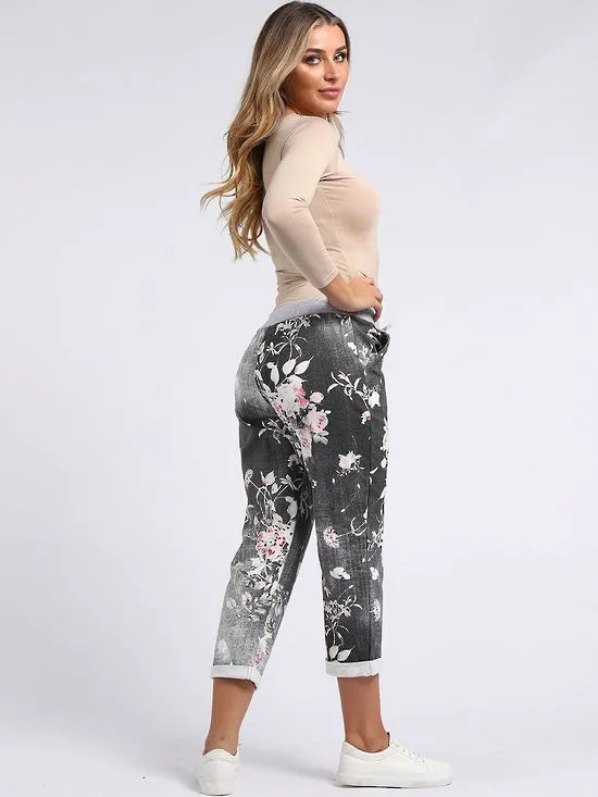 Italian Stretch Cotton Trousers ~ Floral Black