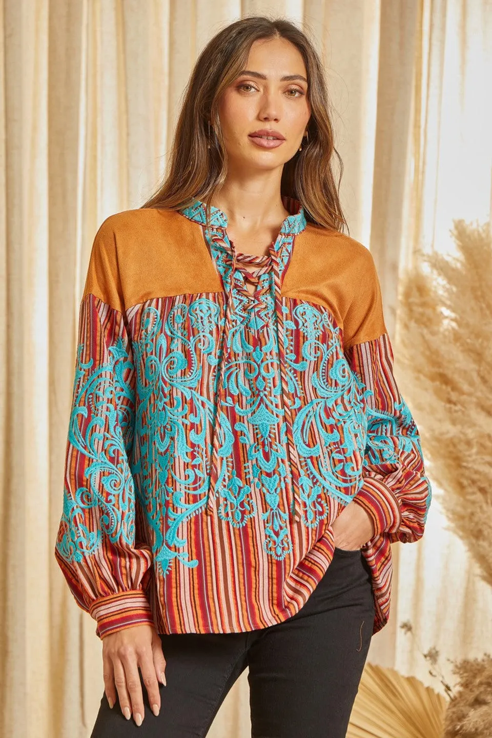 Kaylee Striped Top With Suede Panel