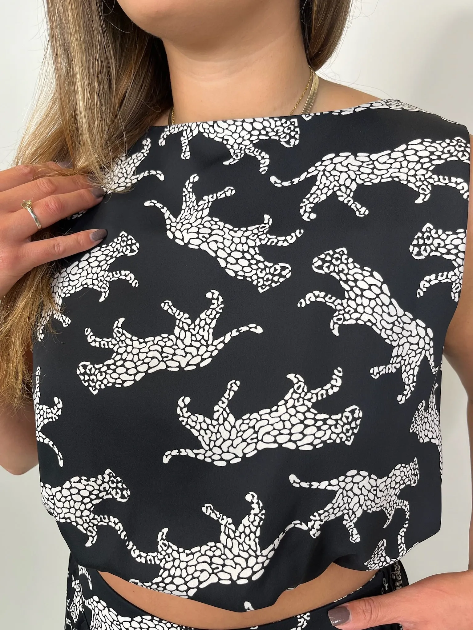 KLD Animal Print Bubble Hem Crop Top Black