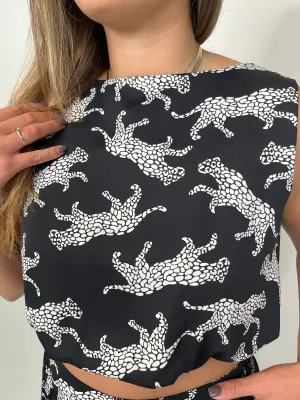KLD Animal Print Bubble Hem Crop Top Black