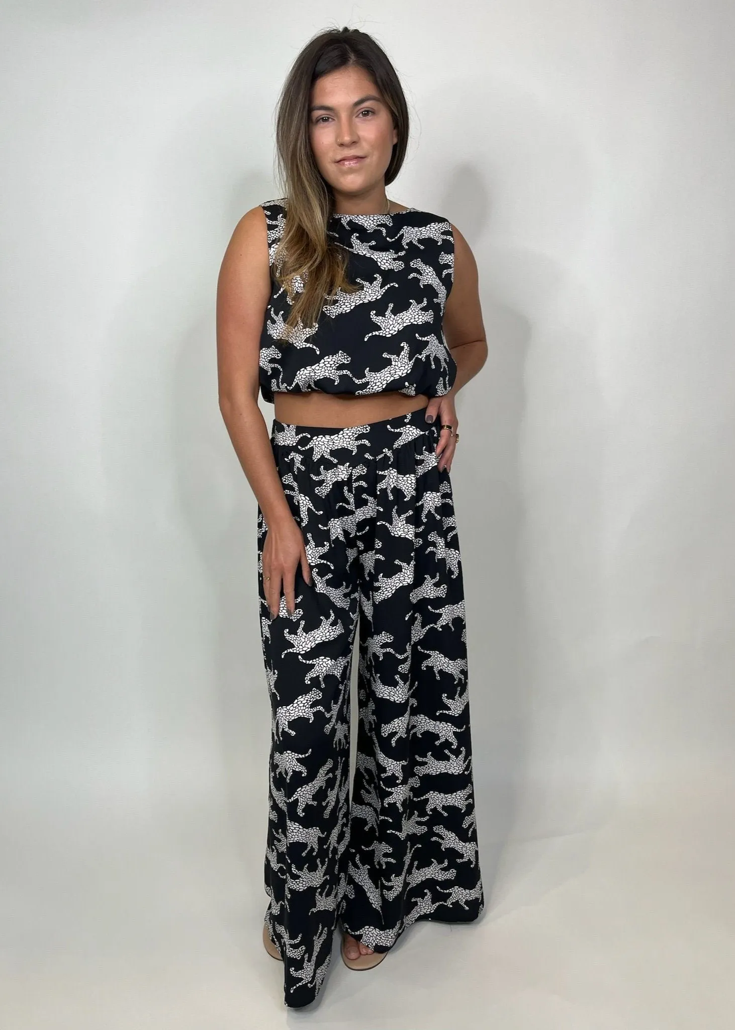KLD Animal Print Bubble Hem Crop Top Black