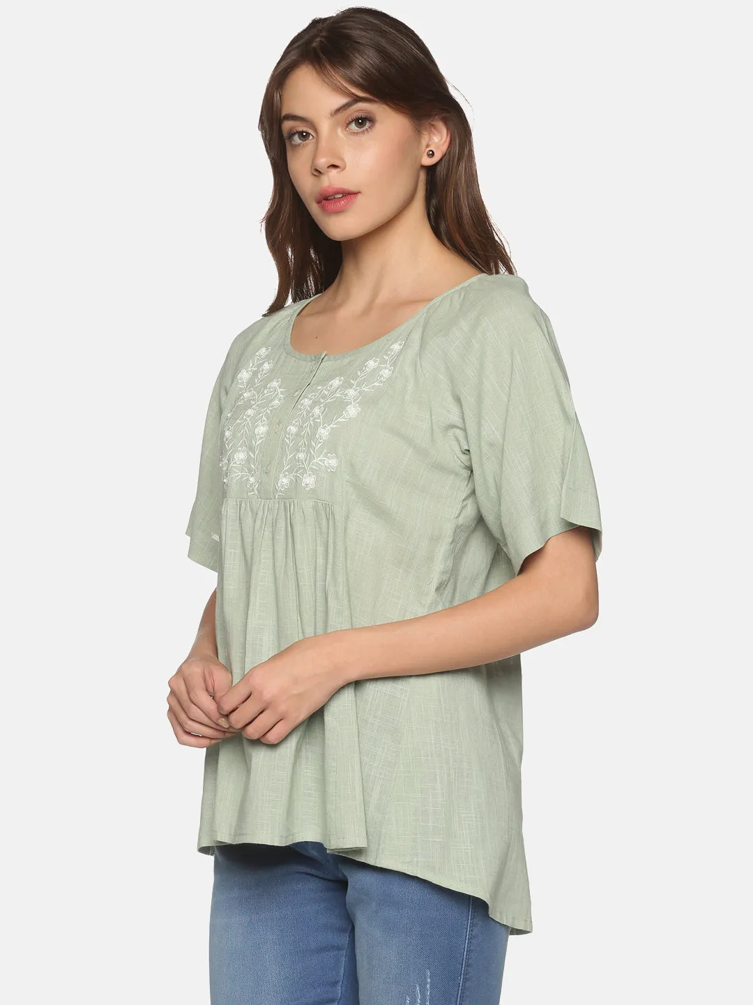 Light Green Bohemian Cotton Slub Raglan Sleeves Top