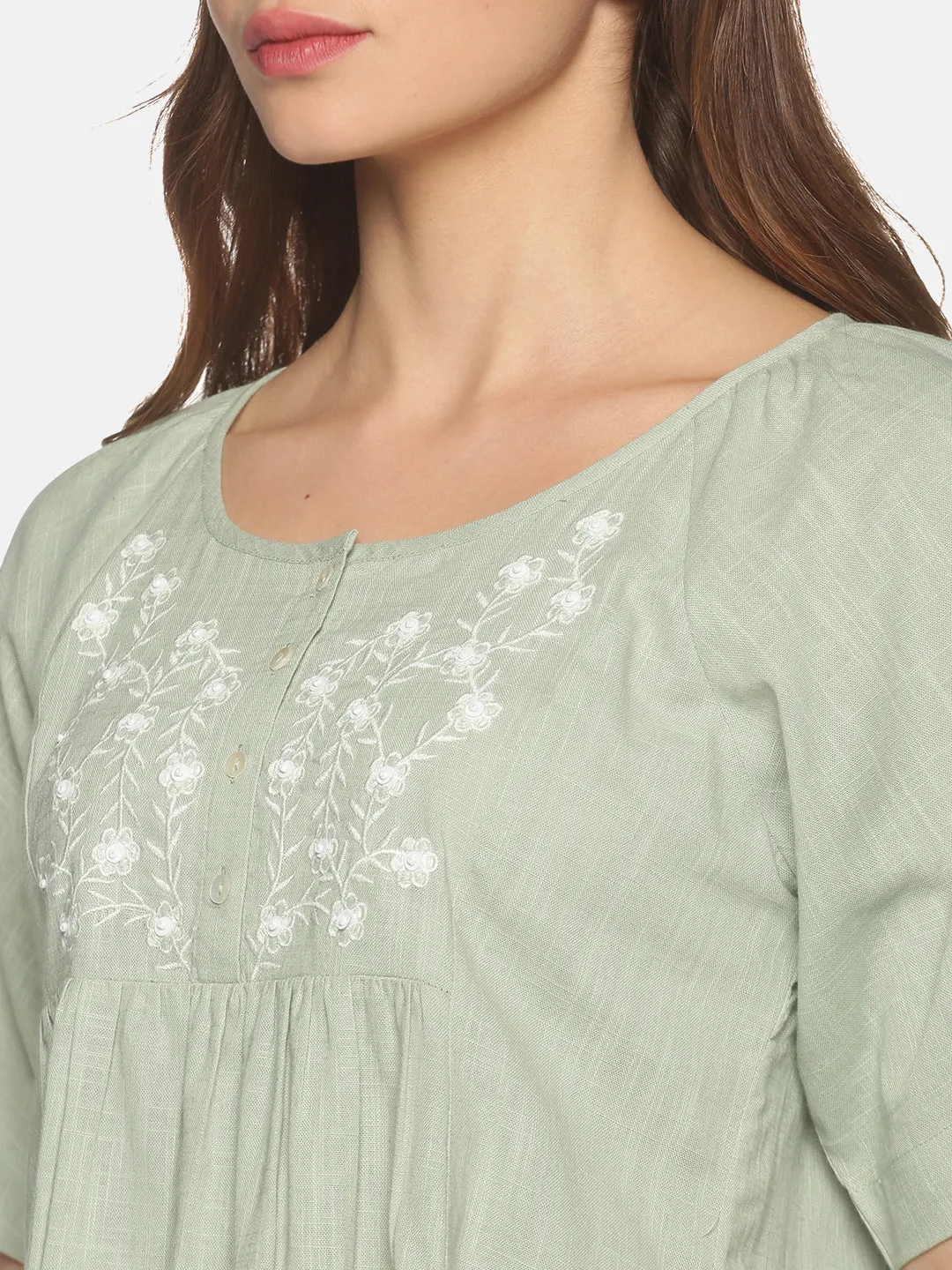 Light Green Bohemian Cotton Slub Raglan Sleeves Top
