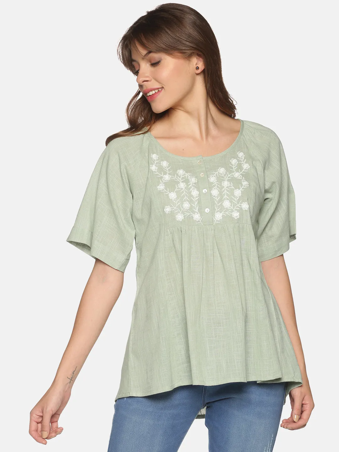 Light Green Bohemian Cotton Slub Raglan Sleeves Top