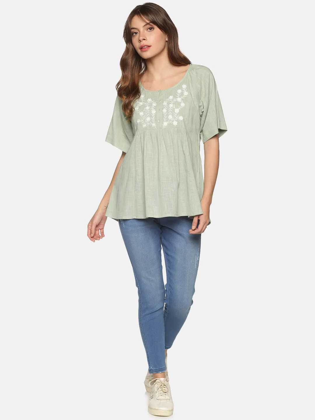 Light Green Bohemian Cotton Slub Raglan Sleeves Top
