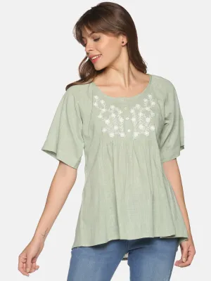 Light Green Bohemian Cotton Slub Raglan Sleeves Top