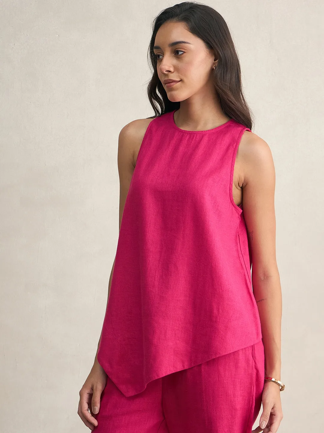Linen Blend Pink Asymmetrical Top