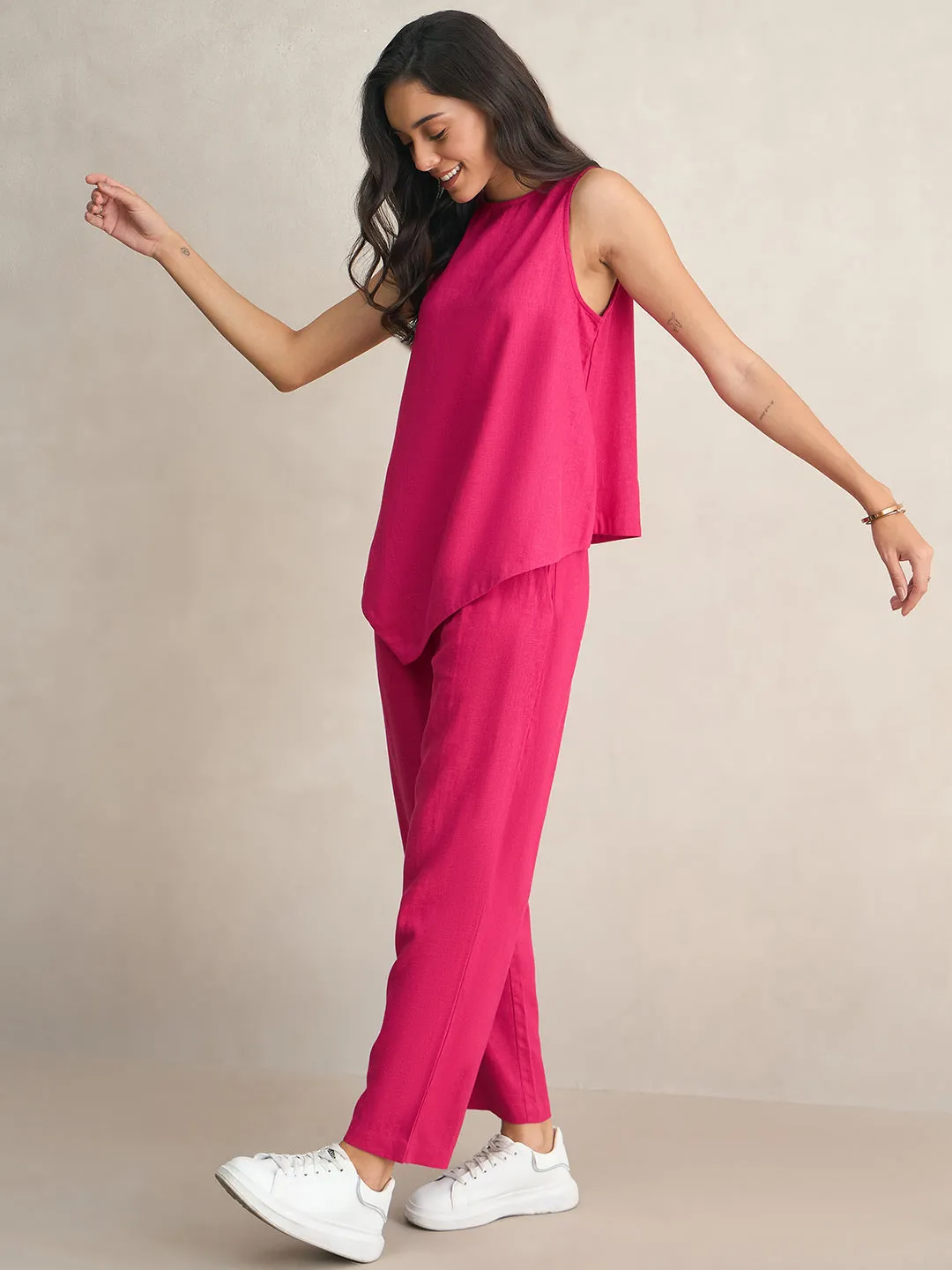 Linen Blend Pink Asymmetrical Top