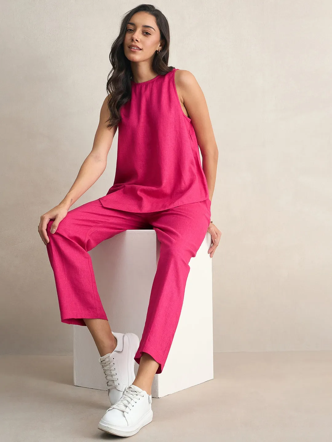 Linen Blend Pink Asymmetrical Top