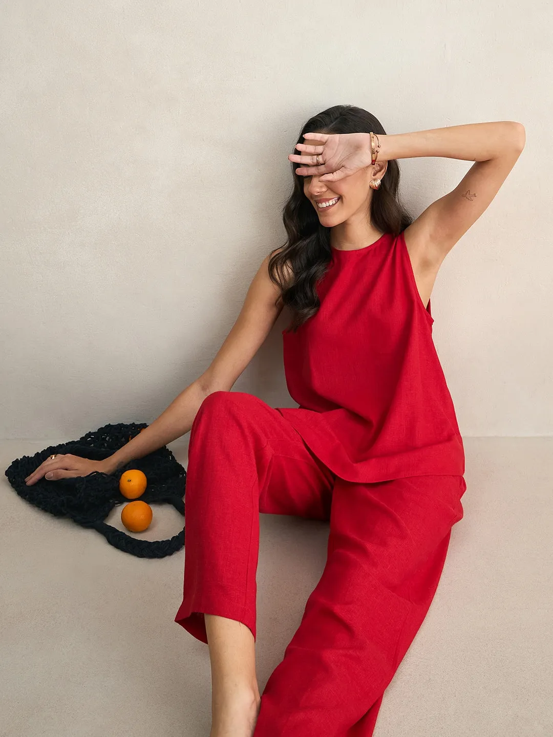 Linen Blend Red Asymmetrical Top