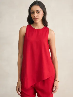 Linen Blend Red Asymmetrical Top