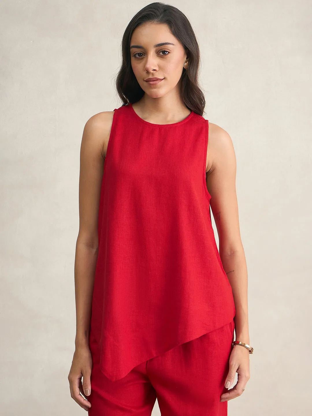 Linen Blend Red Asymmetrical Top