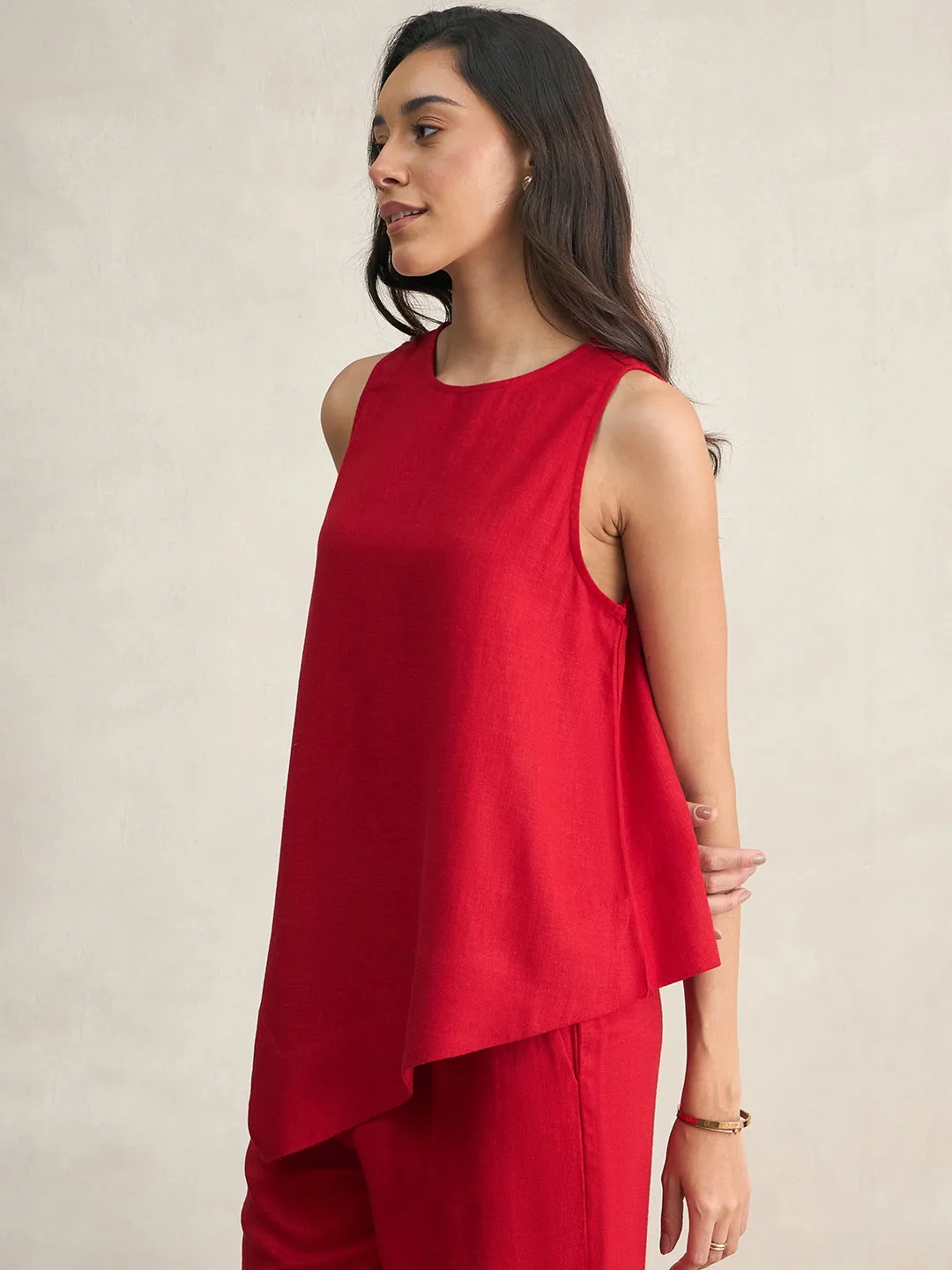 Linen Blend Red Asymmetrical Top
