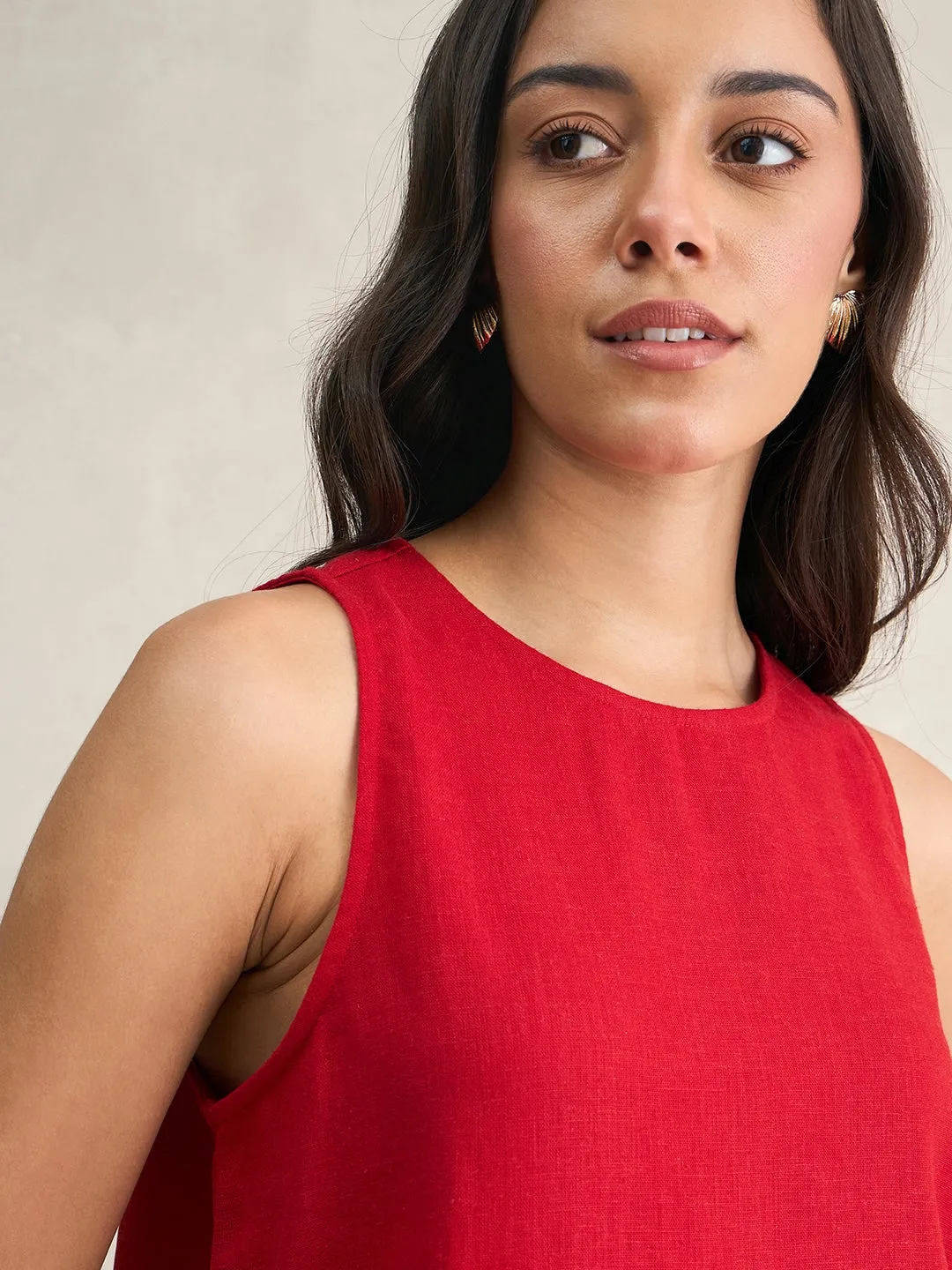 Linen Blend Red Asymmetrical Top