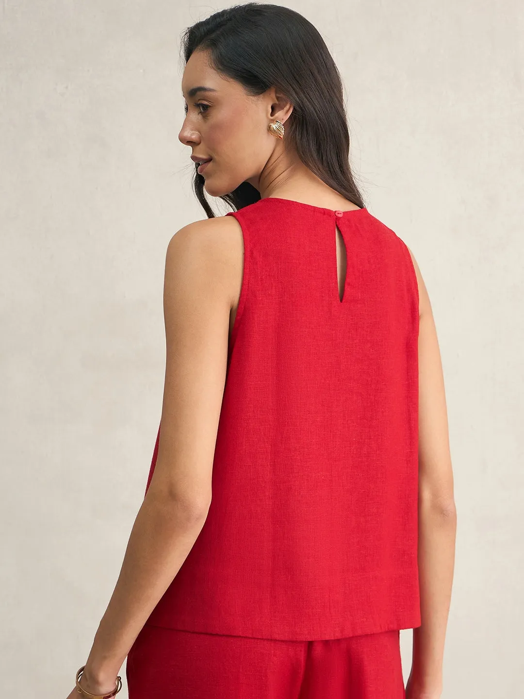 Linen Blend Red Asymmetrical Top