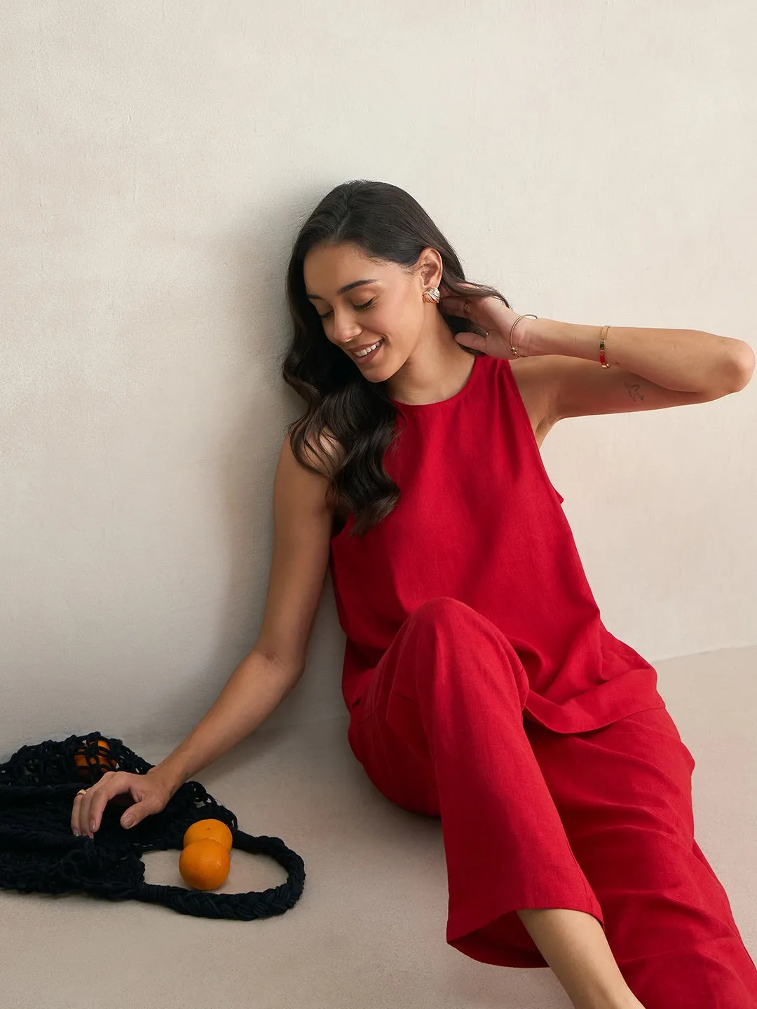 Linen Blend Red Asymmetrical Top