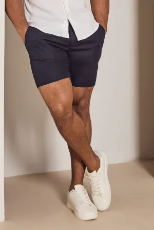Linen Blend Side Adjuster Shorts in Navy