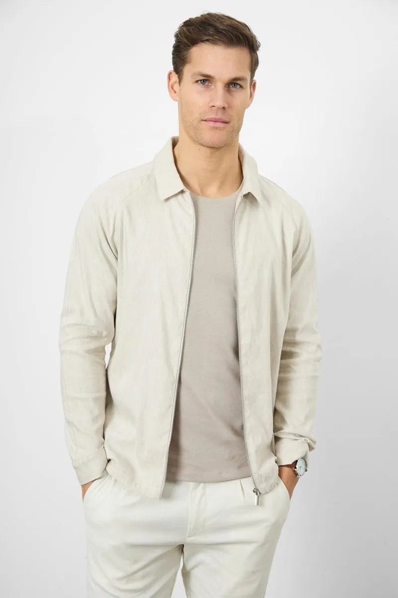 Linen Blend Zip Through Jacket in Oatmeal