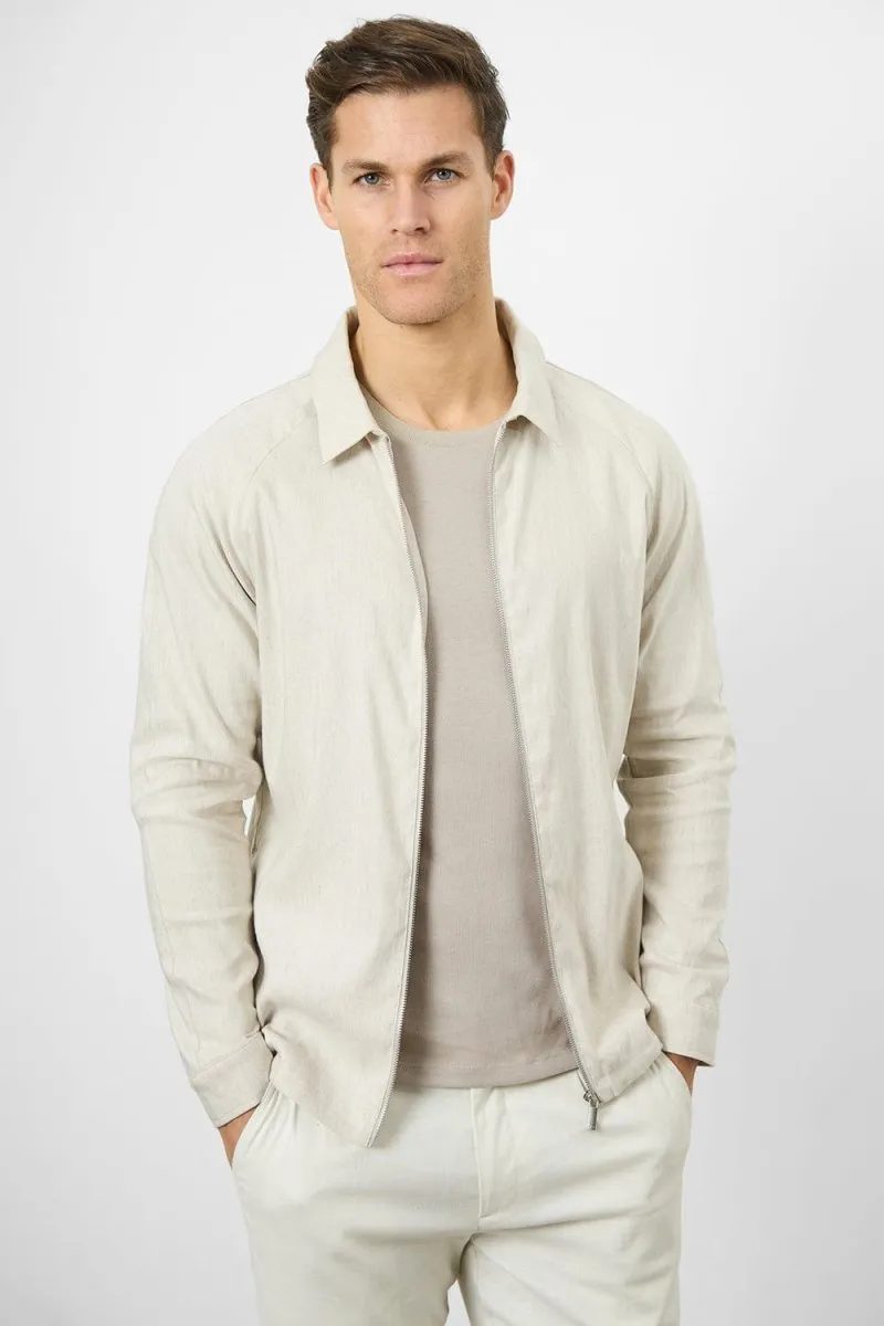 Linen Blend Zip Through Jacket in Oatmeal