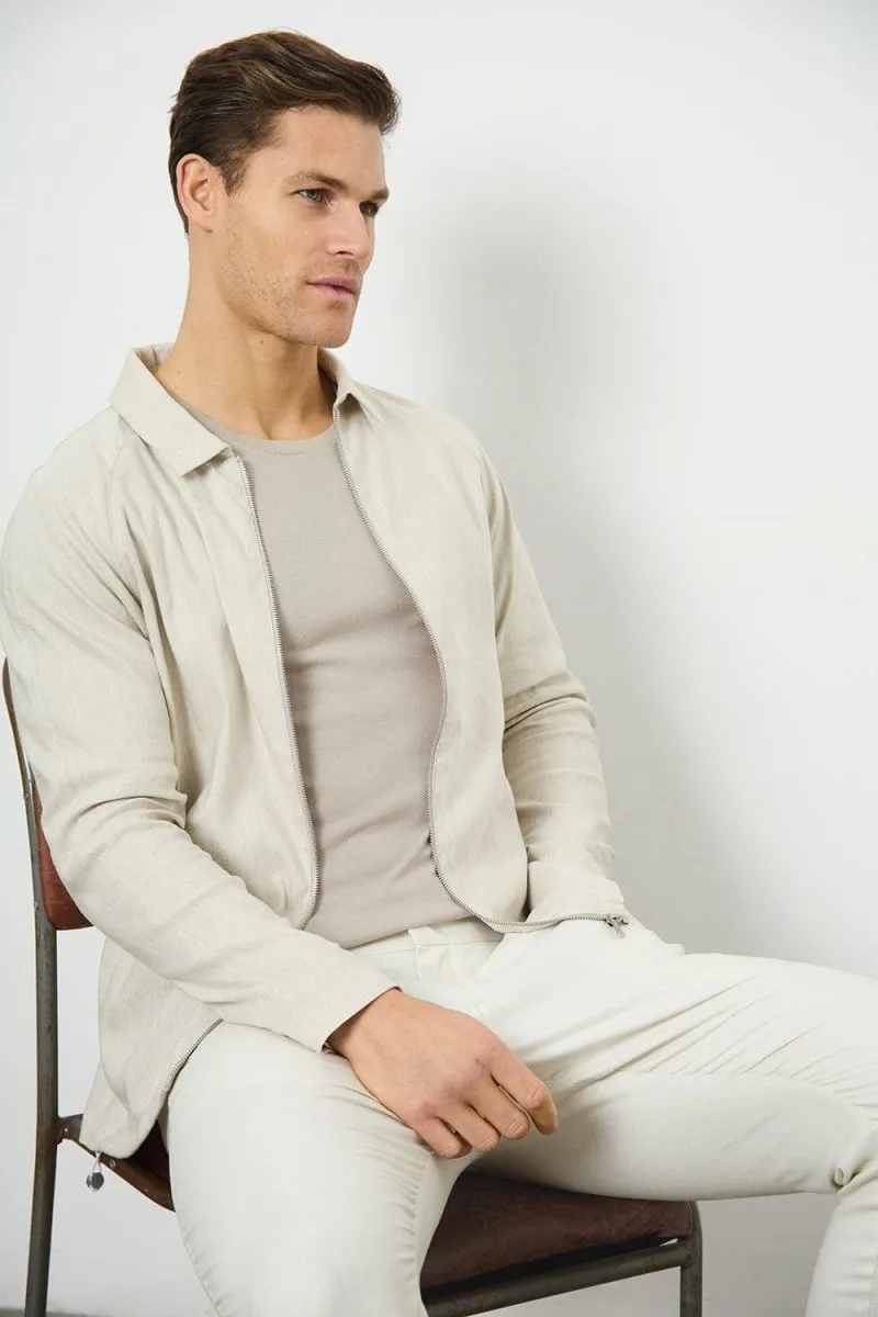 Linen Blend Zip Through Jacket in Oatmeal