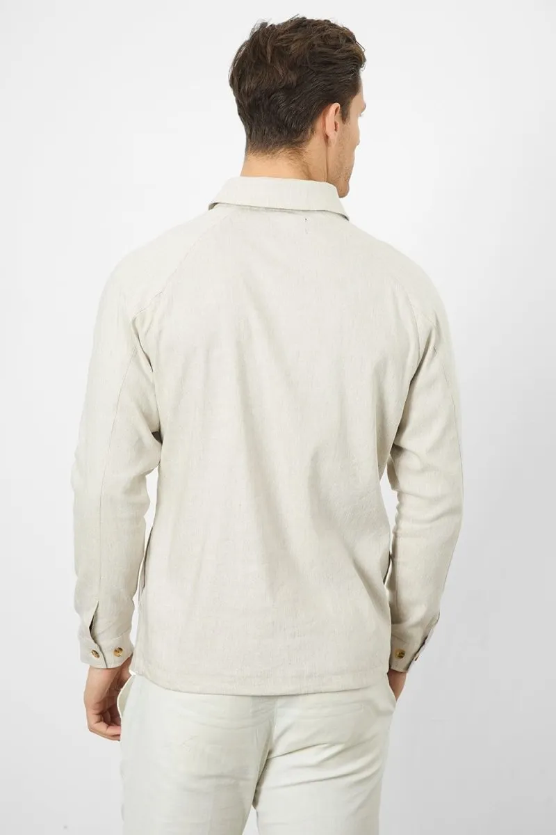 Linen Blend Zip Through Jacket in Oatmeal