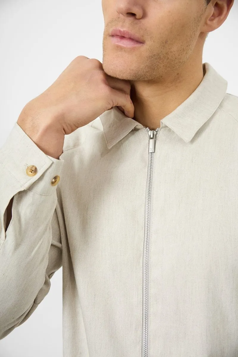 Linen Blend Zip Through Jacket in Oatmeal