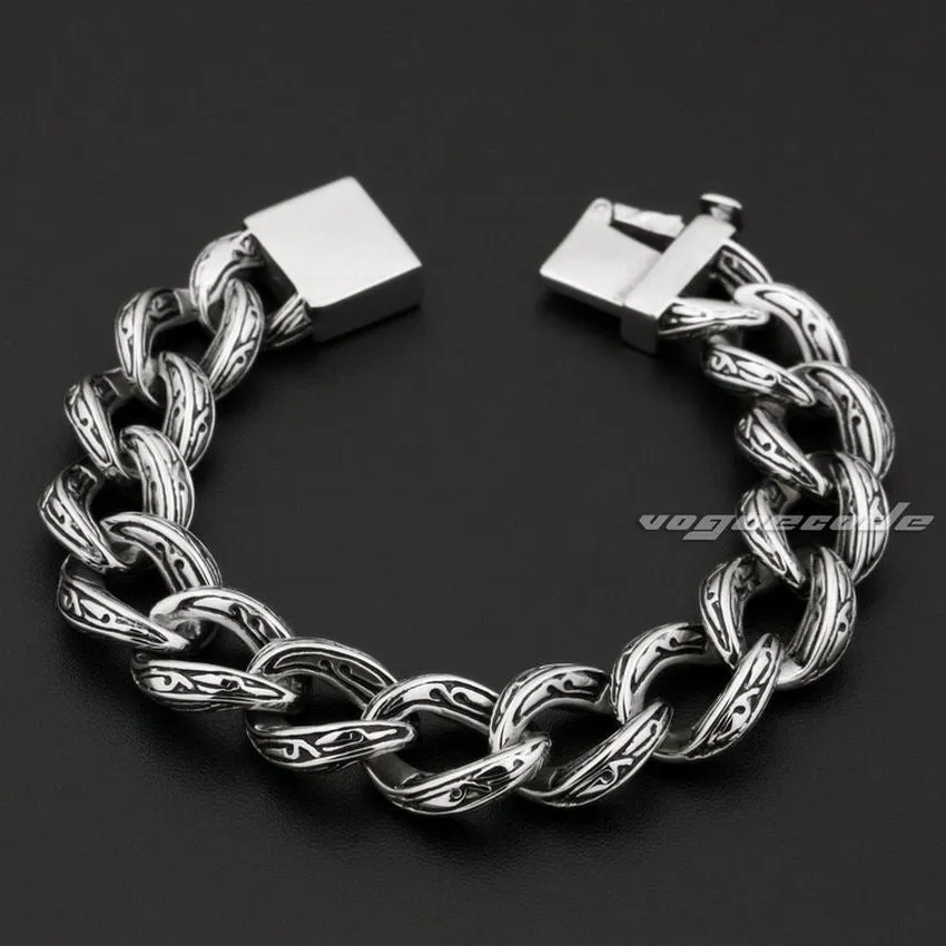 LINSION 316L Stainless Steel Mens Bracelet Biker Rocker Punk Link Chain 5C017 Free Shipping