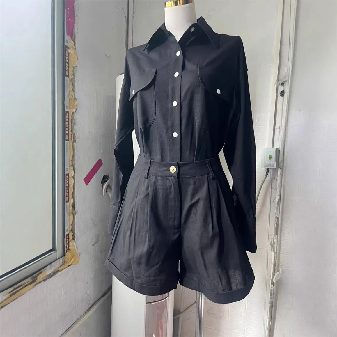 Loose Long Sleeve Cotton Linen High Waist Shorts Suit