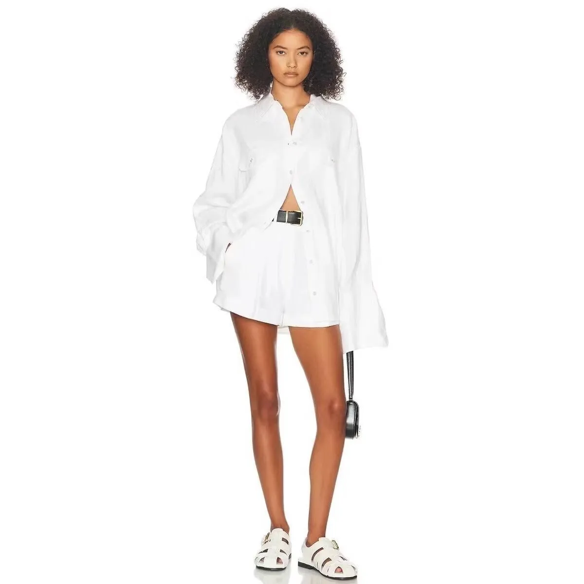 Loose Long Sleeve Cotton Linen High Waist Shorts Suit