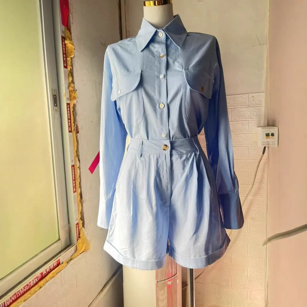Loose Long Sleeve Cotton Linen High Waist Shorts Suit