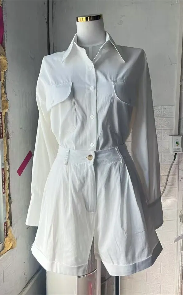 Loose Long Sleeve Cotton Linen High Waist Shorts Suit