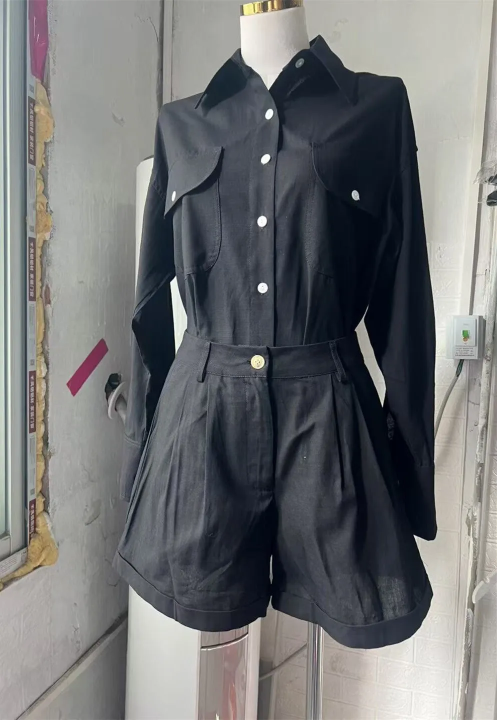 Loose Long Sleeve Cotton Linen High Waist Shorts Suit