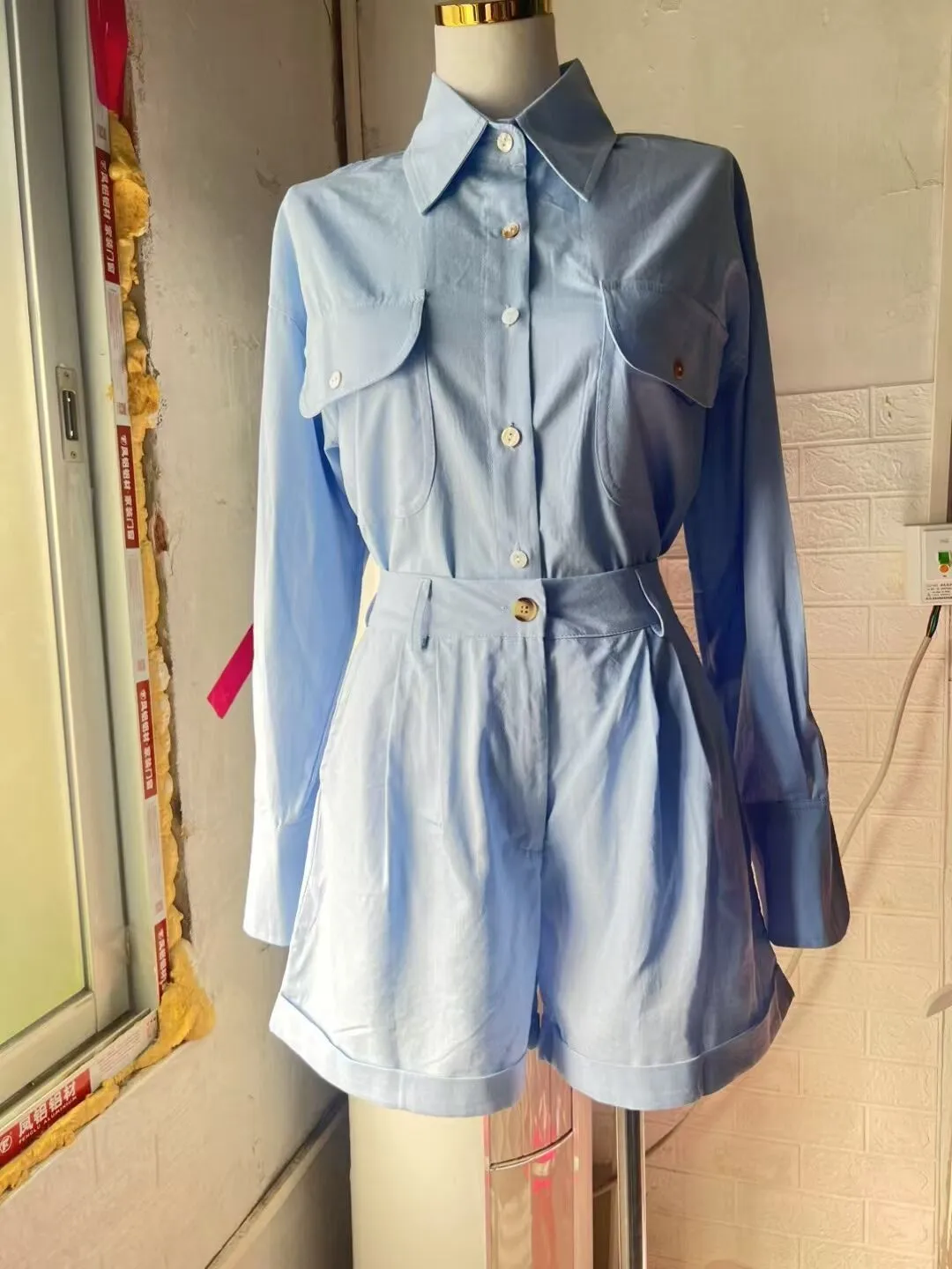 Loose Long Sleeve Cotton Linen High Waist Shorts Suit