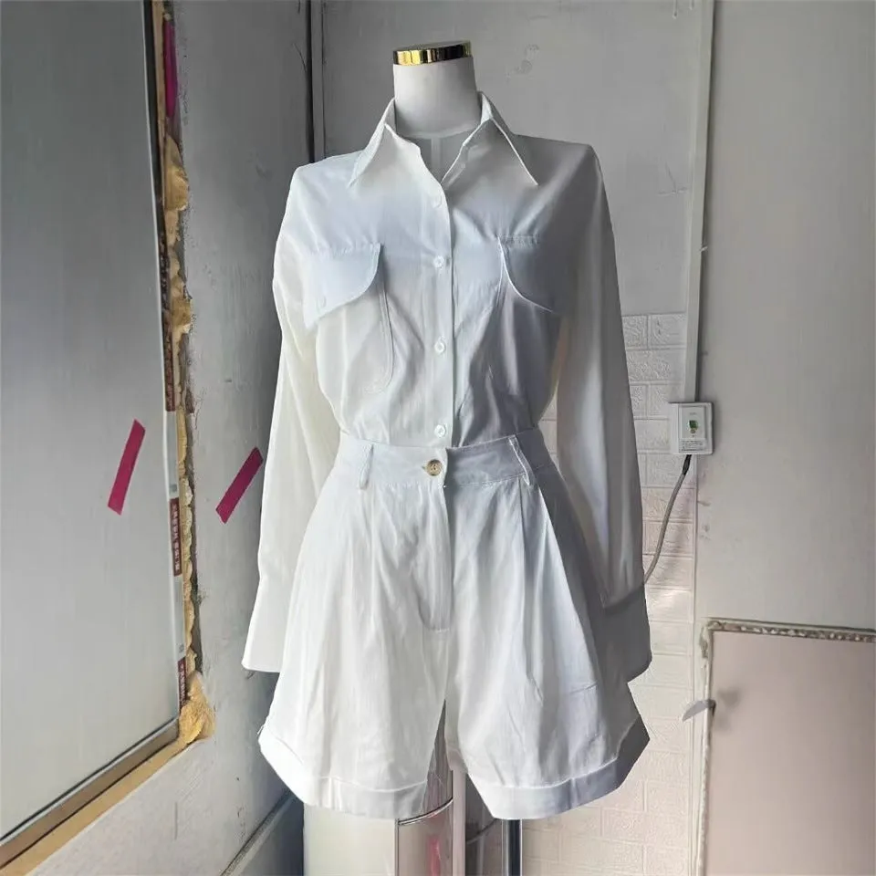 Loose Long Sleeve Cotton Linen High Waist Shorts Suit
