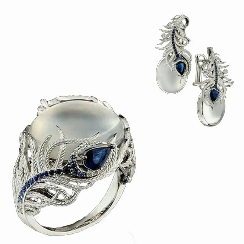 Luxury BLue Sapphire Jewelry Set Ring Earrings For Women Wedding Jewelry
