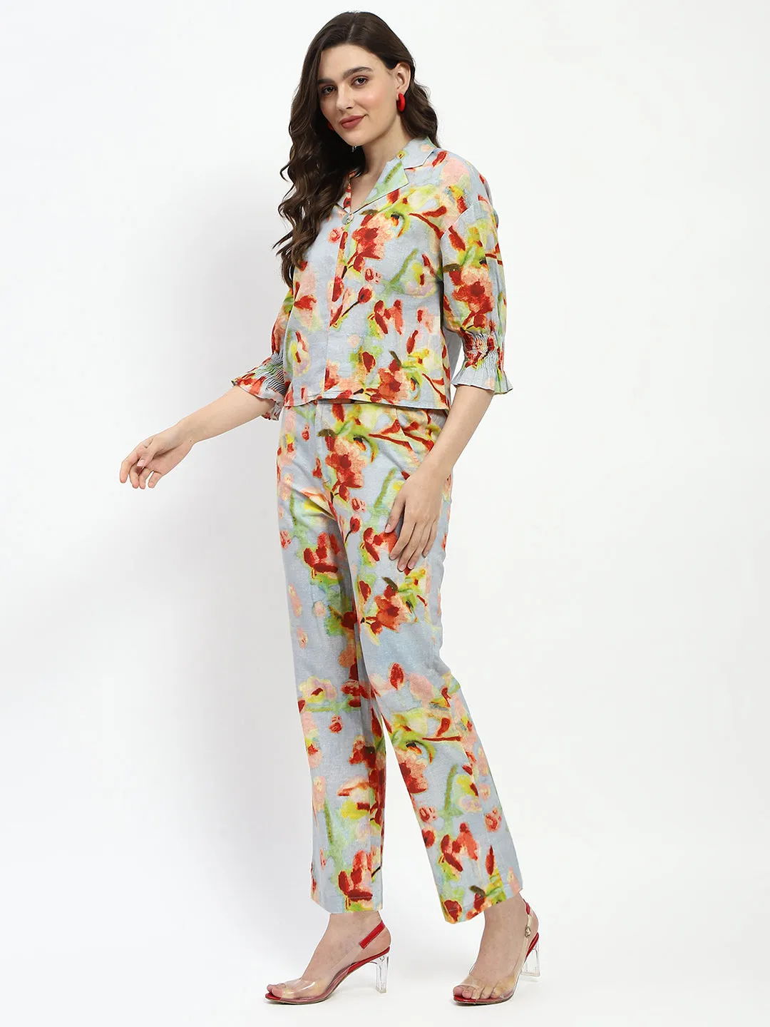 Madame Floral Print Cotton And Linen Teal Co-Ord Set